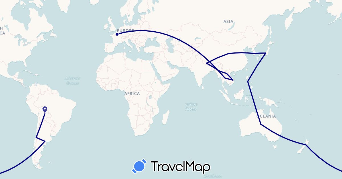 TravelMap itinerary: driving in Argentina, Australia, Bolivia, Chile, China, France, Japan, South Korea, Laos, Myanmar (Burma), Nepal, New Zealand, Philippines, Thailand, Vietnam (Asia, Europe, Oceania, South America)